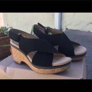 Clarks black cork platform sandals, size 9…NEW!